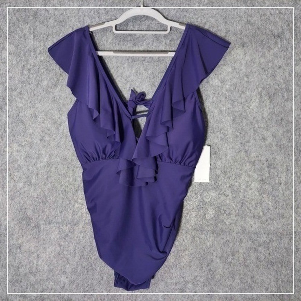 Maacie Swimsuit Women L Purple Ruffle Plunge One Piece Open Back Resort Swimwear